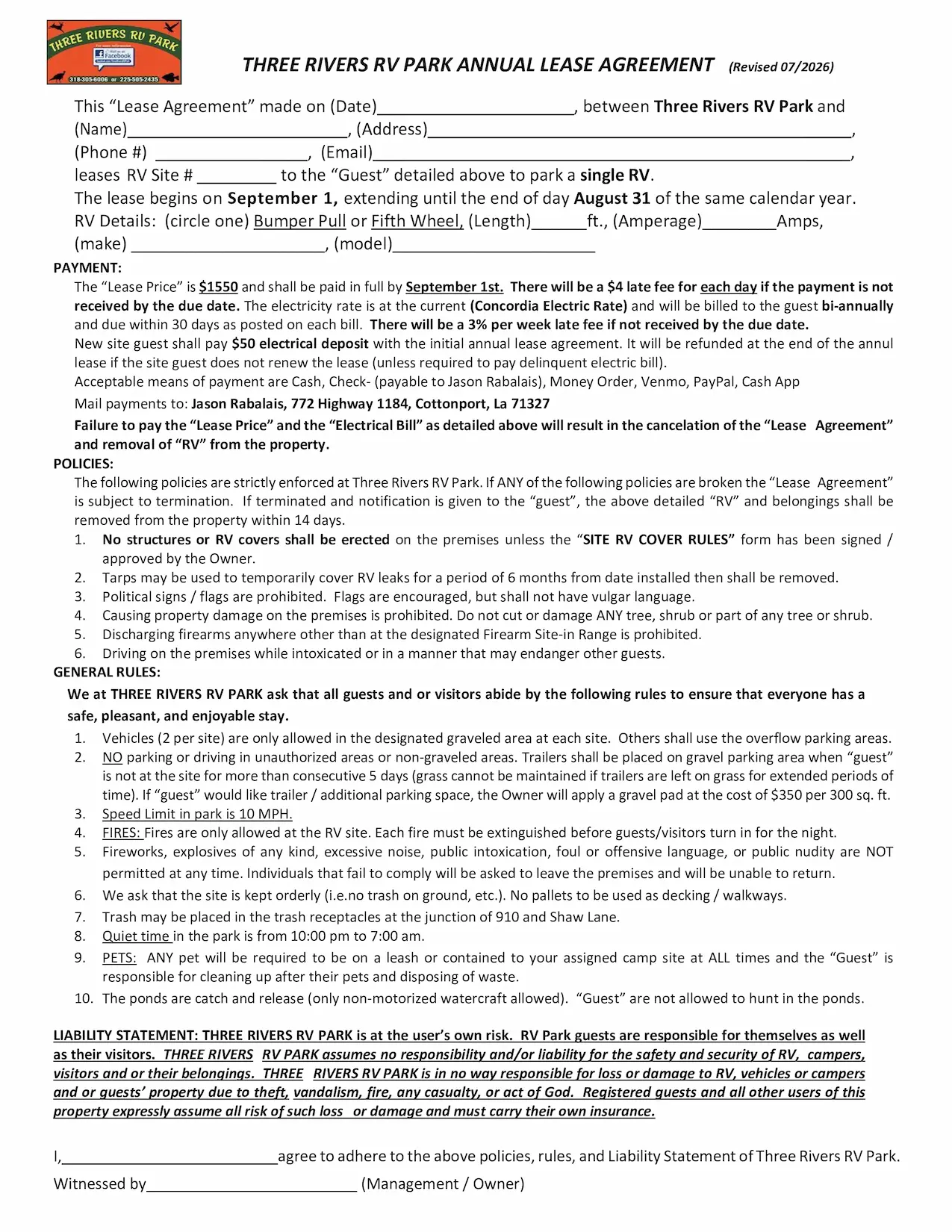 Annual Lease Application Three Rivers RV Campground